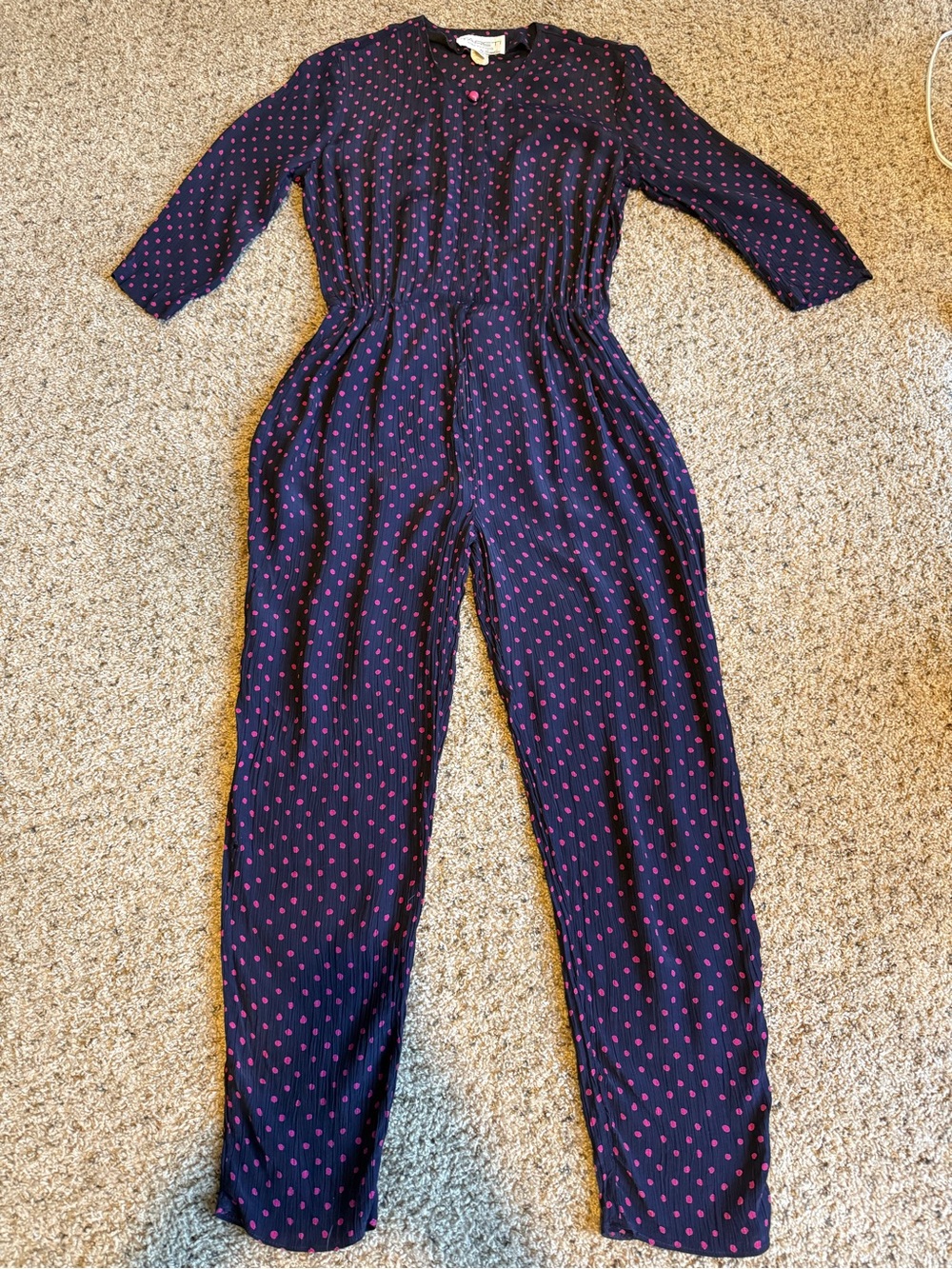 Vtg Navy and Pink Polka Dot Rayon Jumpsuit